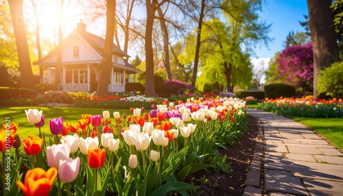 Spring garden path with colorful tulips