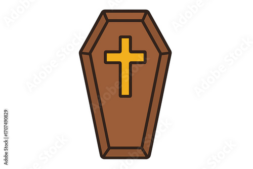 Coffin with cross vector icon. Funeral and burial concept. Casket illustration for Halloween. Symbol of death, mourning, and grief. Christian religious ceremony element. Macabre.