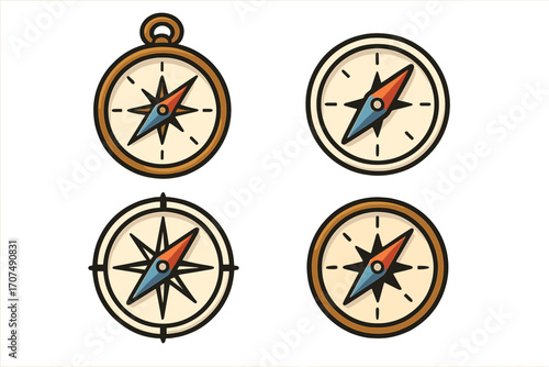Set of four vintage compass icons. Retro cartoon vector symbols for navigation, direction, and guidance. Travel, adventure, journey, and exploration concept illustrations.