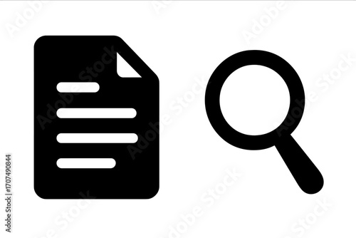 Search document icon. Data analysis concept. File review, research report. Magnifying glass inspection. Audit, investigation symbol. Content verification, fact checking vector.