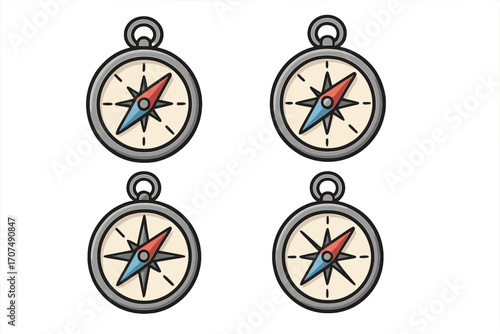 Compass icons set. Navigation symbol collection. Vector cartoon illustration for travel, adventure, and exploration. Marine, nautical journey and direction finding concept.