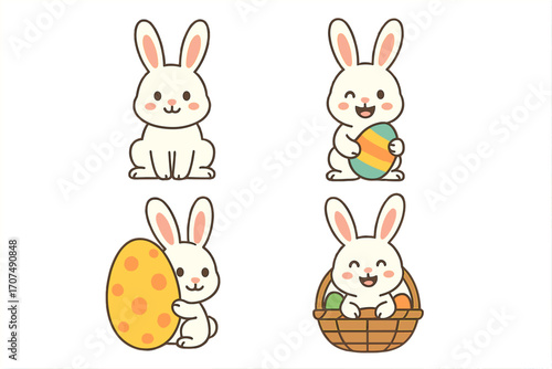 Cute Easter bunny vector icon set. Cartoon rabbit characters with colorful eggs and basket. Kawaii animal collection for spring holiday design. Flat illustration isolated.