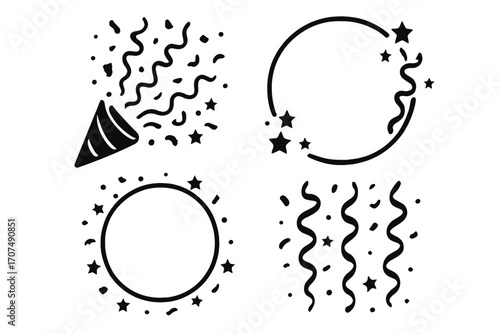 Party popper confetti burst icon set. Celebration vector elements collection with streamer, stars, and circle frames. Black silhouette design for birthday, new year, holiday.