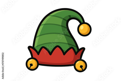 Elf hat icon. Christmas holiday costume element. Cartoon vector of a festive green and red cap with jingle bells. Santa's helper accessory. Xmas decoration graphic isolated.