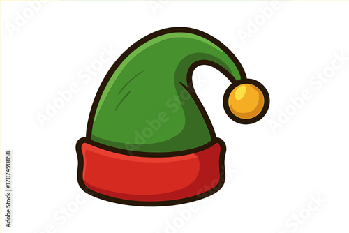 Elf hat icon. Christmas holiday cartoon vector illustration. Festive Xmas decoration element. Santa's little helper costume accessory for winter celebration. Green dwarf cap.