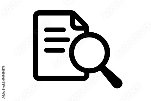 Document search icon with magnifying glass. Concept of data analysis, research, and audit. Vector for file review, inspection, and investigation. Find information.