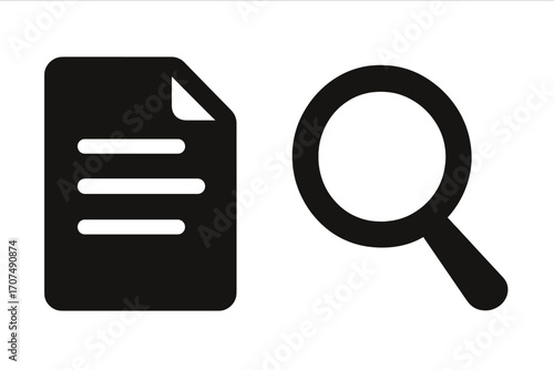 Search document icon. Magnifying glass for data analysis, information research, contract review. Business audit and inspection concept. Finding evidence, discovery symbol. Vector.