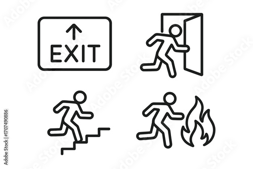 Exit symbol and evacuation icon set. Vector illustration for emergency escape signs. Includes running person, door, stairs, and fire danger warning. Safety pictogram collection.