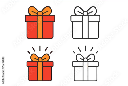 Gift box icon set vector collection. Present symbol with ribbon for celebration. Surprise gift for Christmas, birthday. Flat colorful and linear outline style illustration.