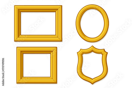 Golden frame set vector collection. Gold picture frames in different shapes. Decorative classic border element. Cartoon illustration for certificate, diploma or photo.
