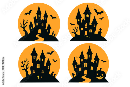 Halloween haunted house silhouette set. Spooky castle with moon, bats, tree, and graveyard vector icon collection. Scary horror mansion graphic symbol for holiday design.