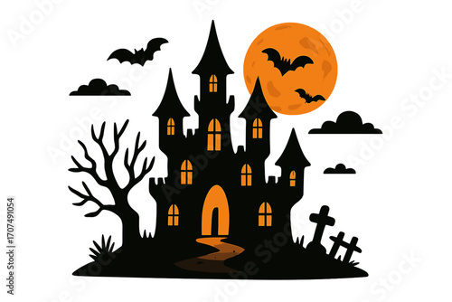 Halloween haunted house silhouette. Spooky scary castle with full moon, bats and cemetery. Vector illustration for poster or invitation. Dracula palace on transparent background.