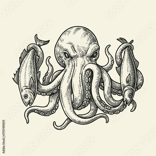 Octopus with fish vintage engraving vector illustration