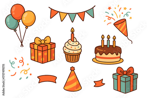 Happy birthday vector icon set. Cute cartoon collection of celebration elements. Party decoration bundle with cake, cupcake, gift box, balloons, and party popper. Flat design.