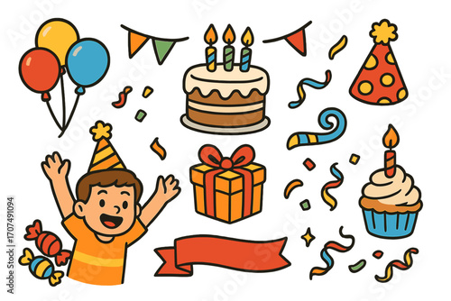 Happy birthday party collection. Vector cartoon illustration set of celebration elements. Doodle decoration icons with boy, cake, balloons, gift box, hat, and confetti.