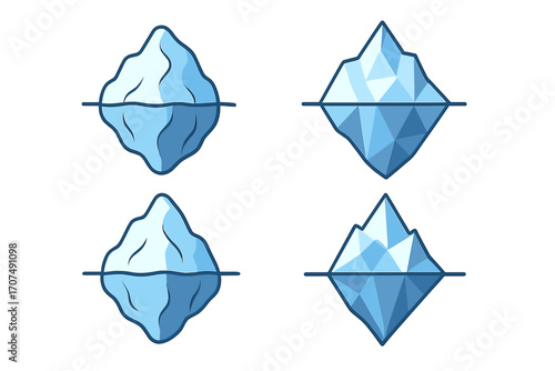 Iceberg vector icon collection. Cartoon and geometric low poly styles. Tip of the iceberg metaphor concept for business risk, hidden danger, psychology, and climate change.