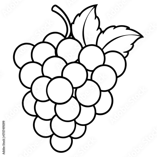 A simple black outline silhouette of a bunch of grapes with two leaves isolated on white background