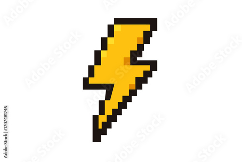 Pixel art lightning bolt icon. 8-bit retro gaming thunderbolt symbol. Electric power flash sign. Energy concept vector illustration. Yellow thunder graphic for video game design.