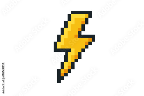 Pixel art lightning bolt icon. 8-bit retro video game asset. Thunderbolt symbol for energy, power, electricity concept. Yellow flash vector illustration on transparent background.