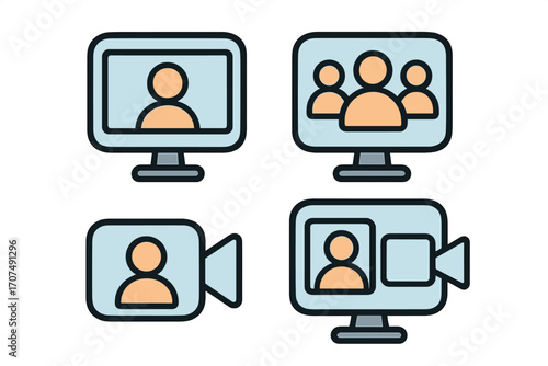 Video conference and online meeting icon set. Vector symbols for remote work, business communication, and team webinars. Flat cartoon illustration with computer monitor.