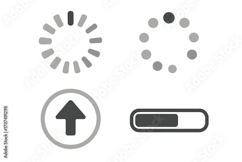 Loading icon set and upload symbol. Vector progress bar and circular spinner collection for user interface design. Preloader, buffer and wait status elements.