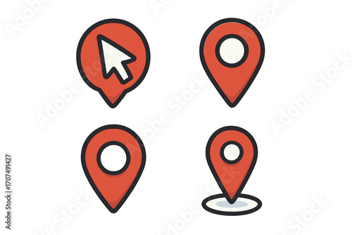 Location pointer icon set. Red map pin marker for GPS navigation and destination. Vector symbol collection with cursor arrow. Geolocation journey point cartoon illustration.