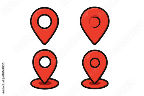 Red location pointer icon set. Map marker pin collection for GPS navigation. Vector cartoon illustration of destination geotag symbols. Place, position, and point of interest signs.