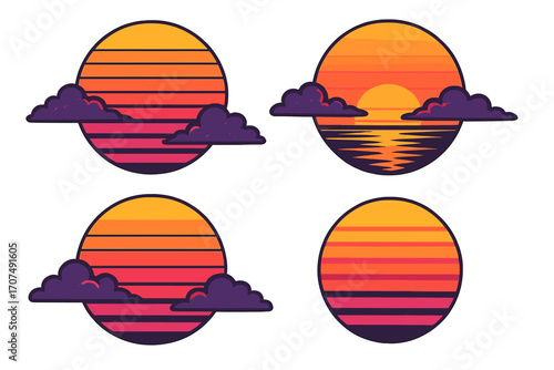 Retro sunset collection in 80s synthwave style. Vintage sun logo elements with futuristic gradients. Vector graphic icon set with sea, clouds, and abstract lines design.