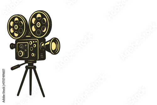 Retro film projector on tripod. Vintage movie camera for cinema production. Old camera illustration for filmmaking, festival poster. Cinematography equipment icon vector.