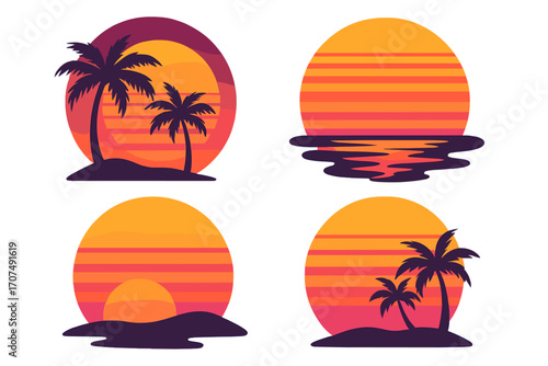 Retro sunset collection with palm tree silhouettes. Vintage 80s striped sun circle set for logo design or t-shirt print. Abstract synthwave tropical summer icon pack.
