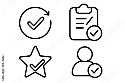 Approved icon collection. Check mark for user verification, completed task list, quality star rating, and revision update. Vector linear symbols for compliance and validation.