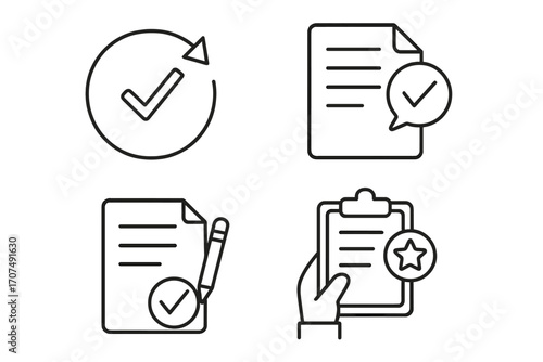 Revision and review icon set. Linear symbols for document approval, proofreading, and quality check. Vector icons for feedback, validation, and correction process.