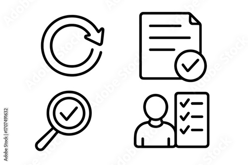 Revision and review icon set. Linear symbols for document approval, quality control, and task management. Vector icons for workflow process, audit, verification, and checklist.