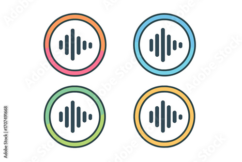 Round sound wave icon set. Vector illustration of colorful audio waveform symbols for music, voice recording, or equalizer display. Circular soundwave frequency signs collection.