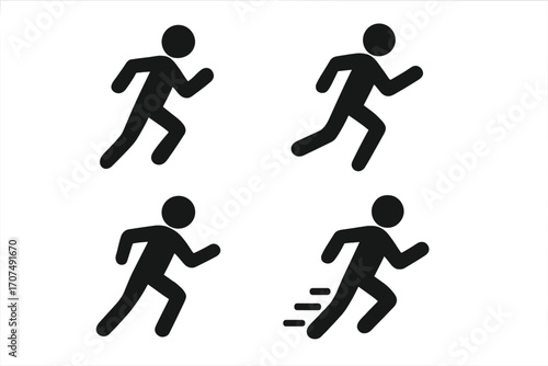 Running man icon set. Run and sprint pictogram collection. Simple black silhouette of a person in motion for sport, fitness, and exercise logo or symbol. Fast athlete vector.