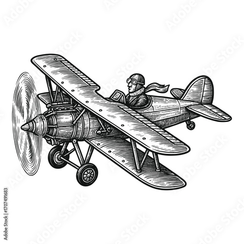 Vintage plane pilot with spinning propeller engraving vector illustration
