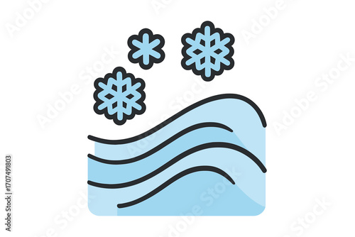 Snow drift symbol with blue snowflakes and wind waves, flat vector icon illustration with transparent background, winter weather concept, cold air flow design for digital use
