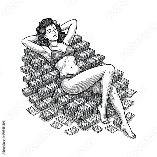 Woman lounging on cash stacks vintage engraving vector illustration