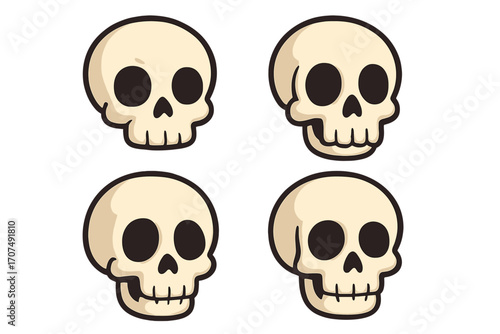 Cartoon skull icons set, Halloween decoration vector illustration with transparent background, spooky cute skull collection, Halloween party design elements, spooky bones symbols