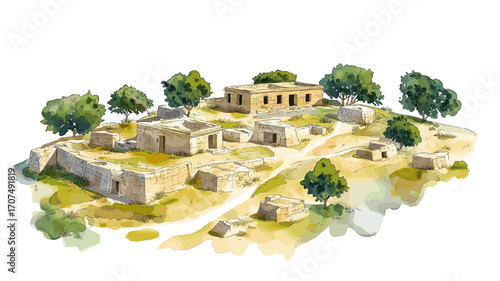 Ggantija Temples. Ggantija Temples watercolor vector illustration