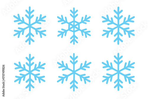 Winter snowflake set isolated on white background, frost pattern vector design, blue snow ornament collection, Christmas icon symbols, cartoon style illustration for holiday season