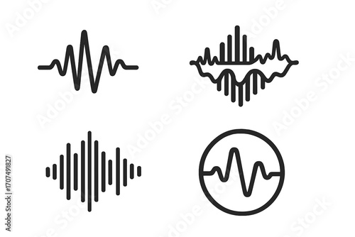 Sound wave icons set, audio waveforms and recording signal vectors, sound vibration graphics collection, audio frequency waveform illustration, transparent background, digital sound elements