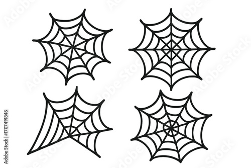 Spider web vector icons set, Halloween decoration, black spooky cobweb illustrations, cartoon style, isolated transparent background, Halloween party elements, web design graphics