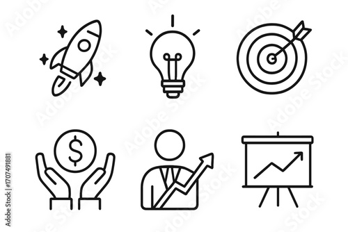 Startup icon set with rocket, light bulb, target, dollar hands, businessman chart, and growth graph, linear style vector cartoon illustration for business and finance concepts