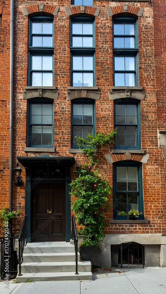 Naklejka premium Old brick building facade with dark windows