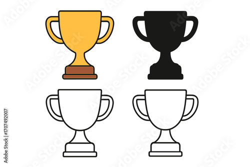 Trophy cup icons set in flat, silhouette, and linear styles. Vector cartoon illustration with transparent background. Award symbol collection for sports, achievement, victory, success concepts.