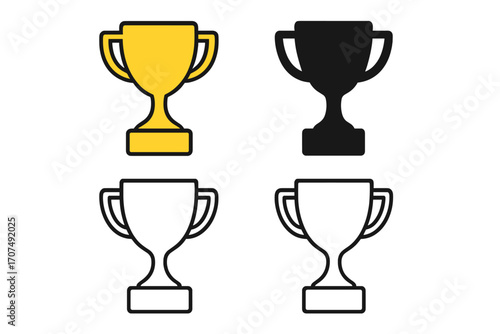 Trophy cup icons set in flat, silhouette, and linear styles, cartoon vector illustration with transparent background, ordered collection of award and achievement symbols