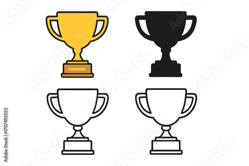 Trophy cup icon set, flat design, silhouette and linear style, vector cartoon illustration with transparent background, ordered collection of winner awards and achievement symbols