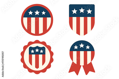 USA patriotic emblem set, flat vector badges with stars and stripes, American shield and ribbon icons, red white blue patriotic symbols, independence day decoration, political graphic design