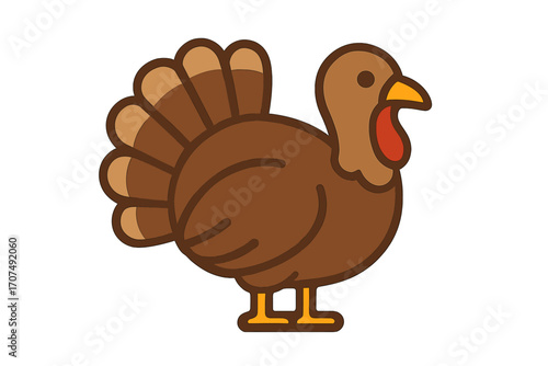 Turkey icon flat vector cartoon illustration, Thanksgiving holiday bird symbol with transparent background, festive autumn poultry clipart, seasonal harvest design, fall celebration graphic